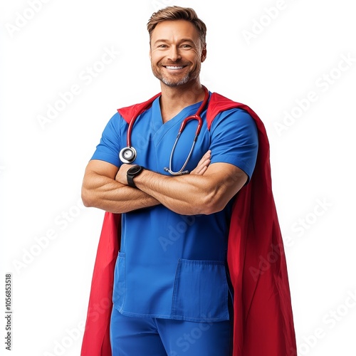 Smiling doctor or nurse in blue uniform and red superhero cape