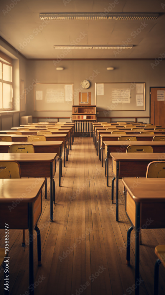 A desk in an empty classroom A desk in an empty classroom