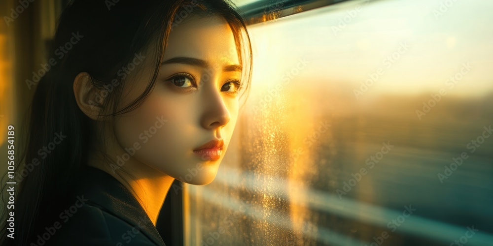Serene Japanese Woman Gazing Out Train Window at Golden Hour Beauty Serene Japanese Woman Gazing Out Train Window at Golden Hour Beauty