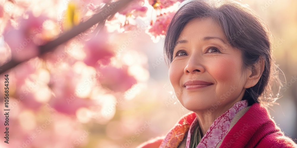 Japanese Woman Enjoying Cherry Blossoms in a Warm Park Setting Japanese Woman Enjoying Cherry Blossoms in a Warm Park Setting