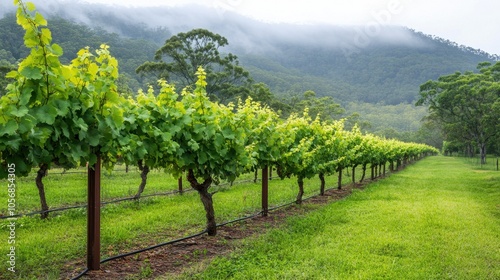 Verdant Vineyard Nestled in the Misty Mountains