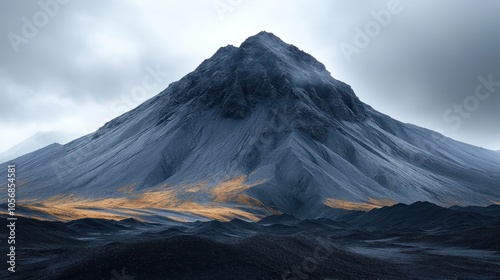 A majestic, snow-capped mountain peak rises above a vast, rugged landscape, its slopes illuminated by streaks of golden sunlight.