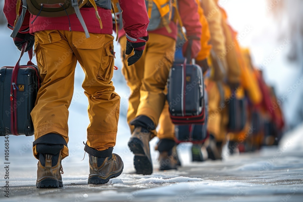 A line of hikers in winter gear trekking through a snowy landscape, carrying backpacks and equipment, representing teamwork and adventure in harsh conditions.
A line of hikers in winter gear trekking through a snowy landscape, carrying backpacks and equipment, representing teamwork and adventure in harsh conditions.