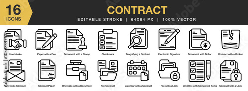 Contract icon set. Editable Stroke Icon Collection. Includes briefcase, calendar, checklist, paper, lock, stamp, and More. Outline icons vector collection.