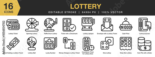 Lottery icon set. Editable Stroke Icon Collection. Includes cash prize, coin pile, dice, draw box, jackpot, spinning, and More. Outline icons vector collection.