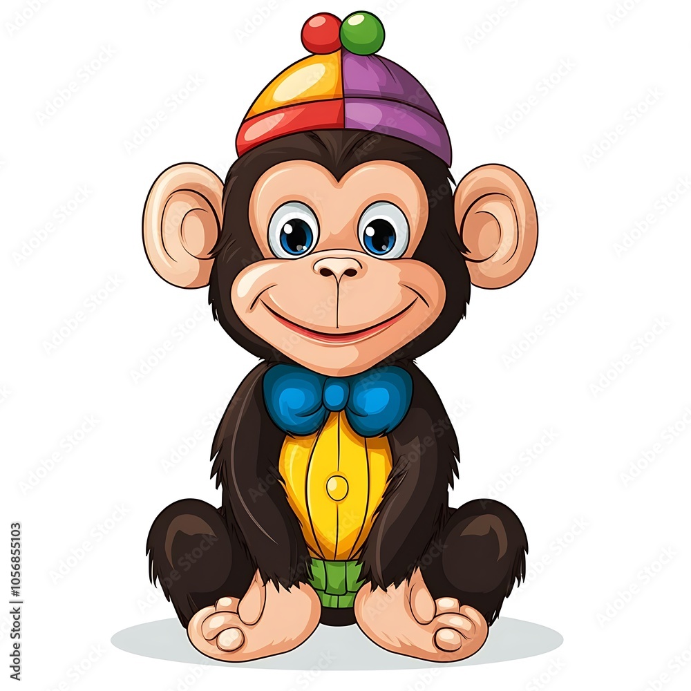 Naklejka premium A cartoon monkey in a clown costume on a white background.