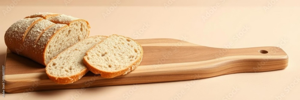 Minimalist image of white bread slice on wooden board against beige background, ideal for vegan product promotions, bread, slice Minimalist image of white bread slice on wooden board against beige background, ideal for vegan product promotions, bread, slice