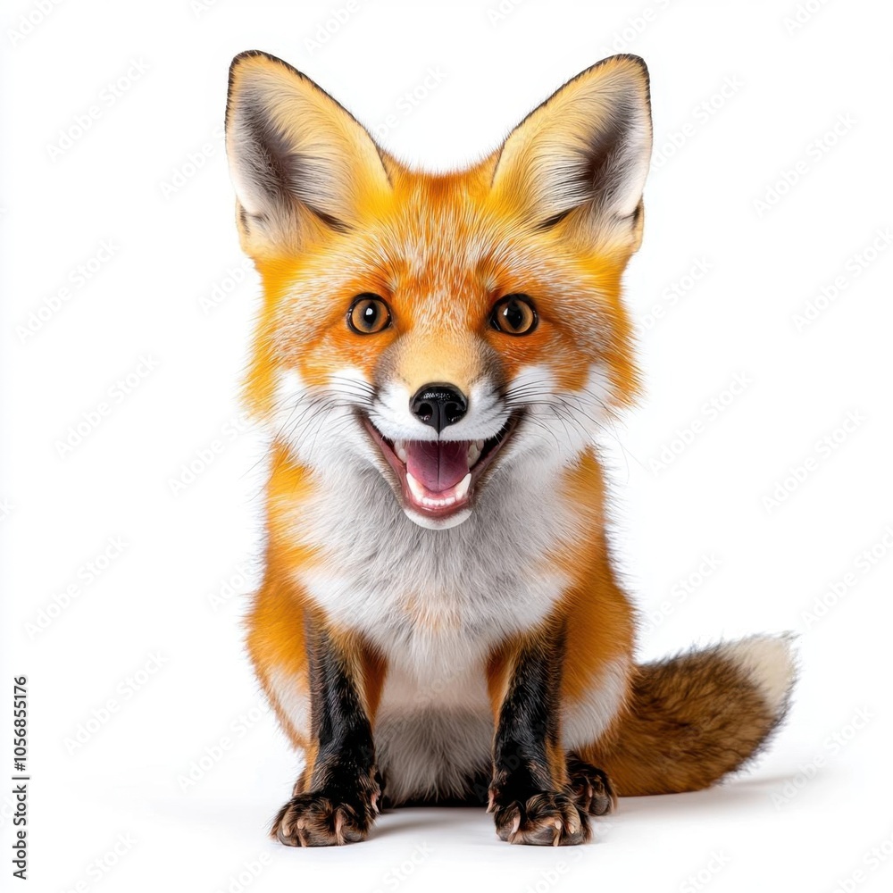 Obraz premium A photostock of a fox sitting against a white background, alert and natural.