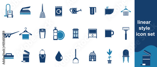 Set of line icons in linear style. Series - Home cleaning.Clean up the house. Washing floors, windows, dishes, clothes and linen.Sweeping the floor and wiping dust. Outline icon collection