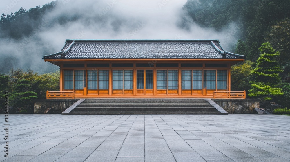 Serene Japanese Temple in Misty Mountain Landscape Serene Japanese Temple in Misty Mountain Landscape