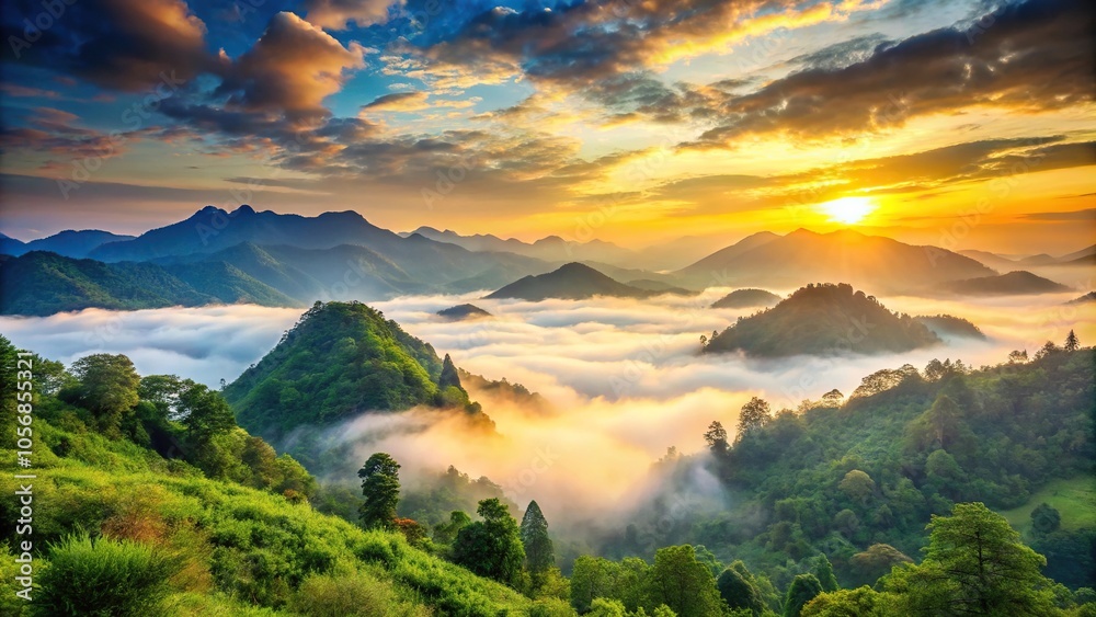A serene mountain range at sunrise with misty clouds and lush greenery, misty mountains, forest A serene mountain range at sunrise with misty clouds and lush greenery, misty mountains, forest