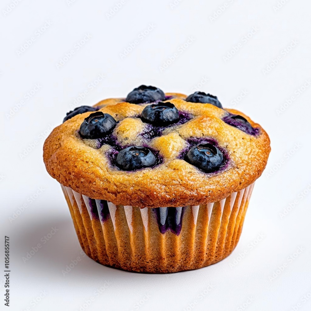 A photostock of a freshly baked blueberry muffin on a white background, sweet and homemade. A photostock of a freshly baked blueberry muffin on a white background, sweet and homemade.