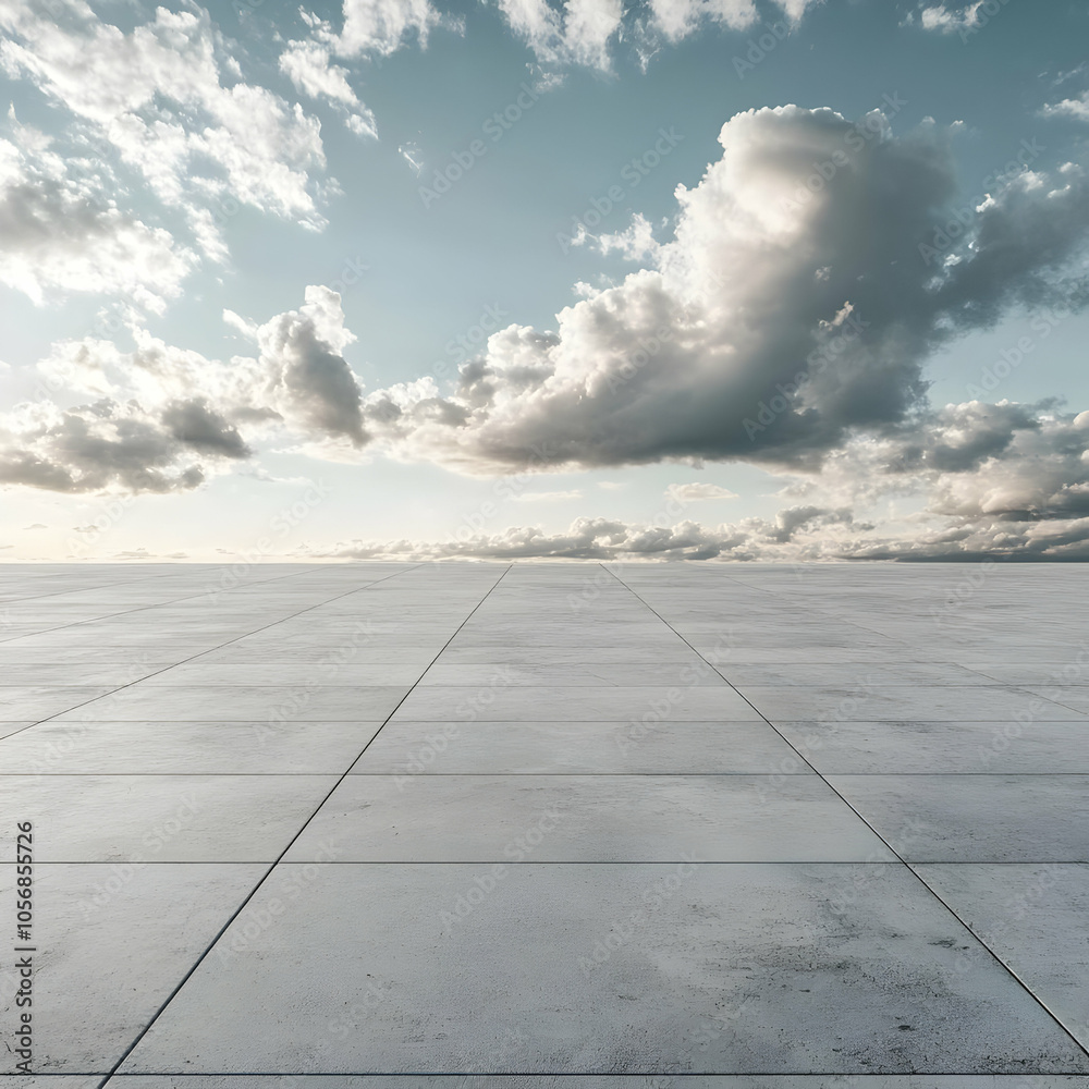 White Tiled Floor with Cloudy Sky Background Illustration White Tiled Floor with Cloudy Sky Background Illustration
