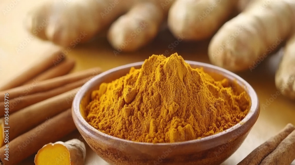 Closeup of Turmeric Powder and Fresh Turmeric Roots Closeup of Turmeric Powder and Fresh Turmeric Roots