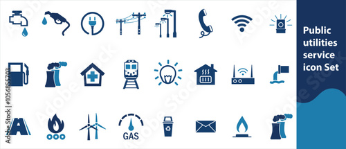 18Public utilities, service. Set of line icons in linear style. Electricity, water supply, gas supply, drainage, garbage removal, major repairs, heating, cold, hot water. Outline conceptual pictogram