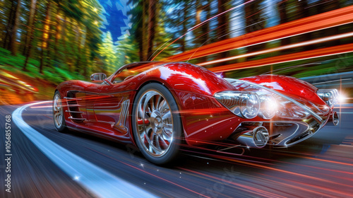 high performance sports car speeding along winding road surrounded by lush trees, showcasing its sleek design and vibrant red color. dynamic motion evokes sense of excitement and speed