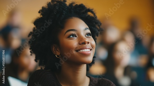 Hopeful Young Woman Engaged in Classroom Discussion with Attention on Speaker : Generative AI