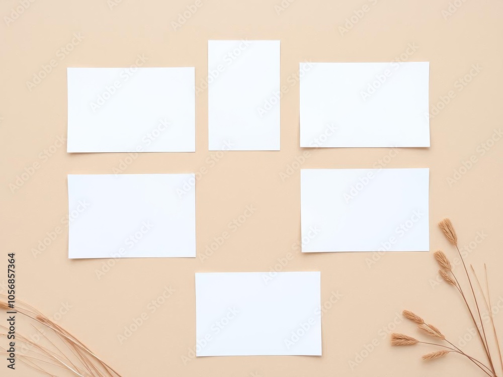 Two blank white cards on beige background with dry grass, minimalist mock up for branding design, white cards, stock photo