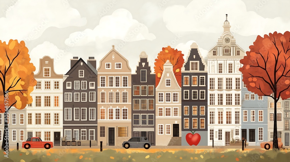 A flat design of the cityscape of Amsterdam, with trees and buildings in shades of brown, beige, orange, yellow, gray, and blue, creating an autumnal atmosphere A flat design of the cityscape of Amsterdam, with trees and buildings in shades of brown, beige, orange, yellow, gray, and blue, creating an autumnal atmosphere
