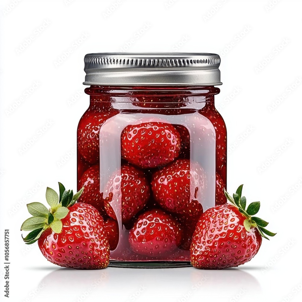 A photostock of a glossy strawberry jam in a jar on a white background, rich and flavorful.