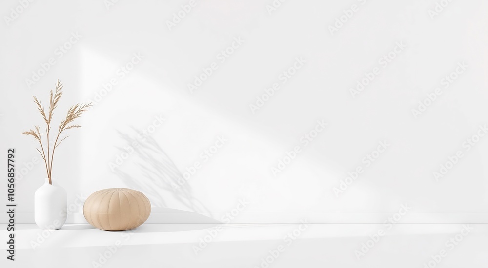 White minimalist interior with vase and ottoman. White minimalist interior with vase and ottoman.