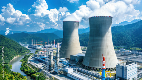 modern energy station by river, featuring cooling towers and steam rising into bright blue sky. surrounding mountains add to scenic beauty of this industrial landscape
