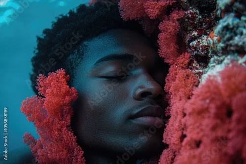 A person hides behind coral reef with their eyes closed, a moment of caution or surprise