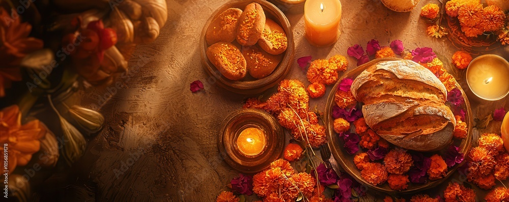 A cozy autumnal scene featuring freshly baked bread, pastries, and candles surrounded by vibrant marigolds. A cozy autumnal scene featuring freshly baked bread, pastries, and candles surrounded by vibrant marigolds.