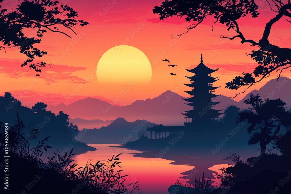 A serene sunset scene featuring a traditional Asian-style pagoda in the background A serene sunset scene featuring a traditional Asian-style pagoda in the background