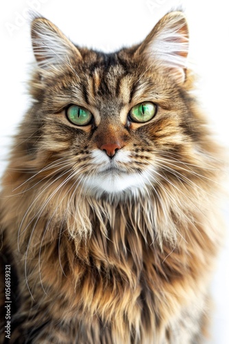 Close-up shot of a cat's face with striking green eyes