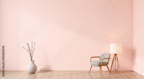 Minimalist living room interior with pink wall, armchair, and lamp.