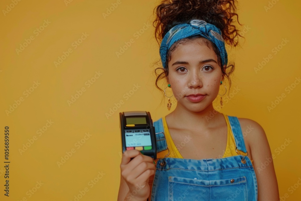 A woman in overalls holds a cell phone, possibly checking messages or taking photos A woman in overalls holds a cell phone, possibly checking messages or taking photos