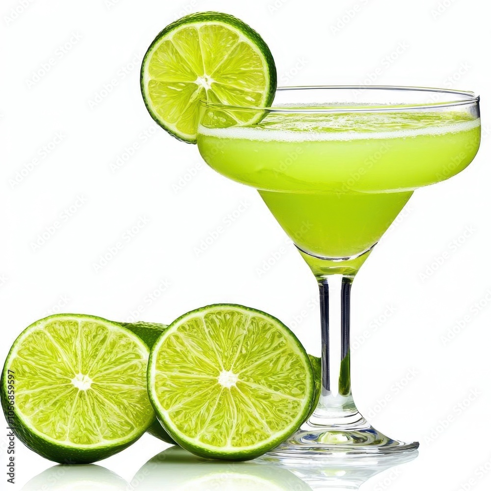 A photostock of a margarita with a lime garnish on a white background, refreshing and classic. A photostock of a margarita with a lime garnish on a white background, refreshing and classic.