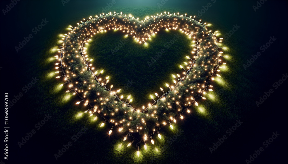Obraz premium Meticulously Arranged Heart-Shaped Holiday Lights on Dark Green