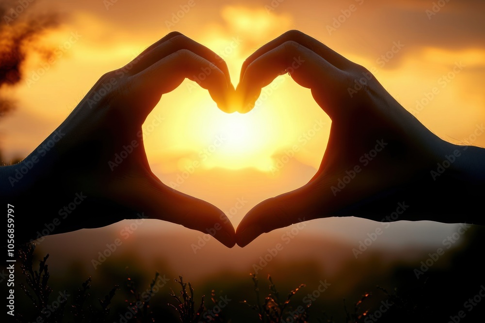 Two hands forming a heart shape with a vibrant sunset in the background, symbolizing love, unity, and the beauty of nature.

