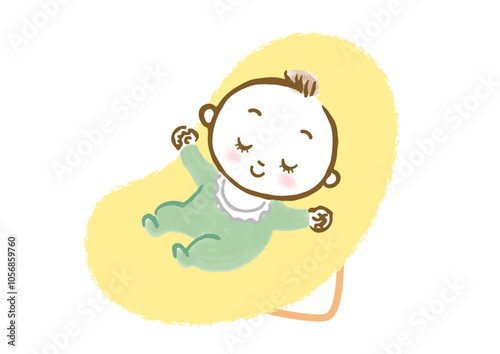 バウンサーに乗って眠っている赤ちゃんの手描きイラスト