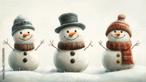 cartoon illustration of three cute snowmen arranged distantly in line. one snowman with a top hat and scarf, another with earmuffs and a carrot nose, and the last with a wooly beanie and mittens