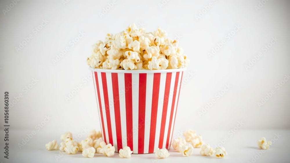 A vibrant red and white striped bucket overflowing with delicious popcorn, theater, movie A vibrant red and white striped bucket overflowing with delicious popcorn, theater, movie