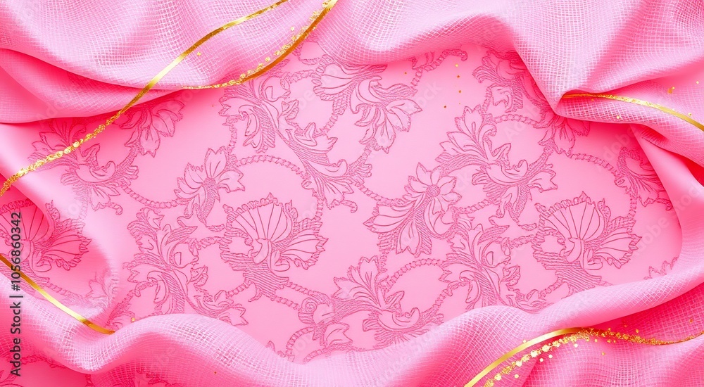 Pink fabric with gold ribbon and floral pattern. Pink fabric with gold ribbon and floral pattern.