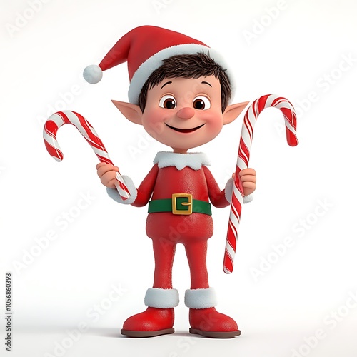 A cartoon elf holding a candy cane with a big smile on a white background.