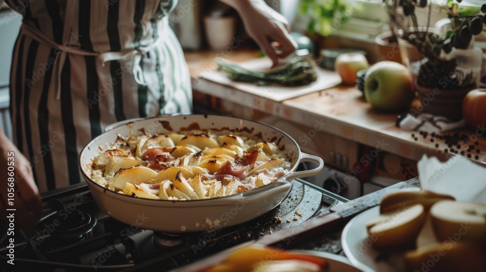 A person cooking in a pan on a stove A person cooking in a pan on a stove