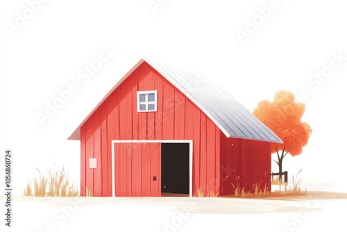 A rustic red barn surrounded by greenery and a tall tree in the background