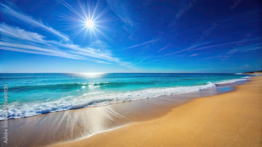 Obraz premium Blue sea and beach sand landscape with clear blue sky and sunshine , beach, tropical, nature, ocean, relaxation, vacation