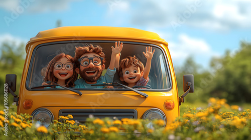Happy Family Road Trip: A cheerful cartoon family, a dad, mom, and a son, waves from a yellow van while driving through a field of vibrant yellow flowers.