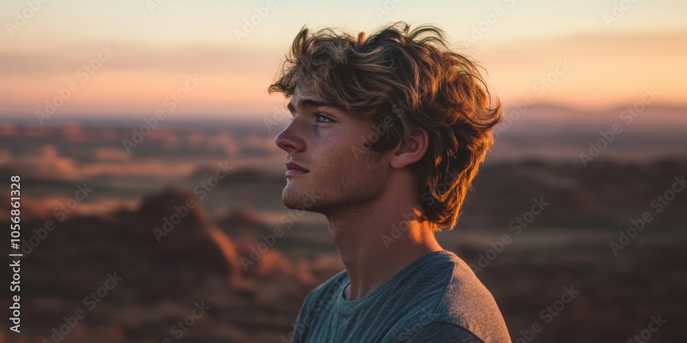 American Young Man with a Calm Gaze Overlooking a Serene Landscape at Dusk