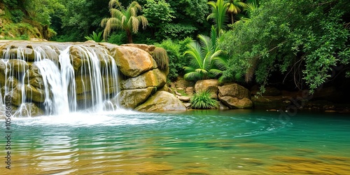 Beautiful scenic view of a pristine waterfall surrounded by lush greenery and clear blue water, green area, environment