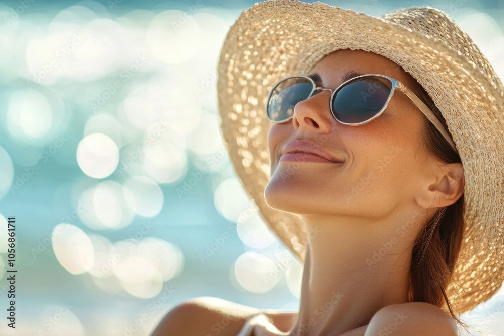 A woman relaxing on the beach with a hat and sunglasses A woman relaxing on the beach with a hat and sunglasses