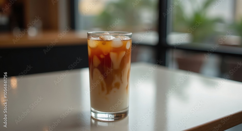 A tall glass of iced coffee with cream swirling inside A tall glass of iced coffee with cream swirling inside
