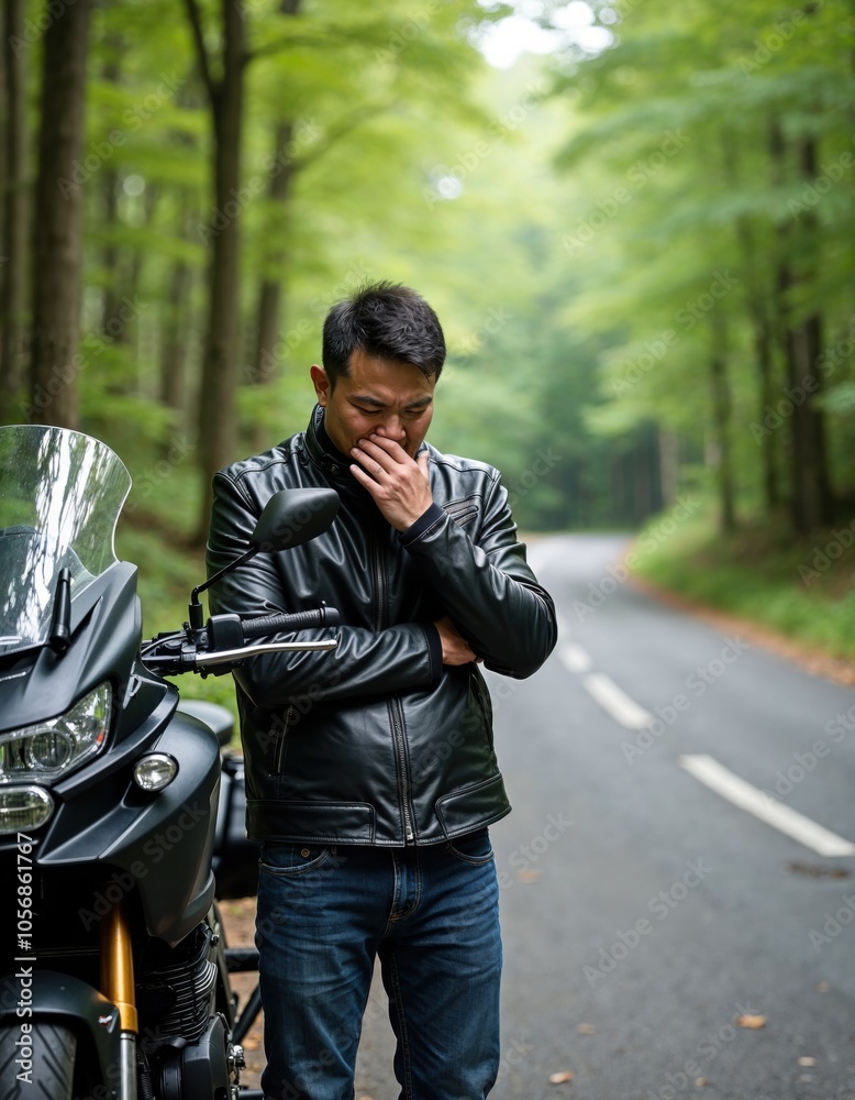 Man in leather jacket stands by motorcycle, deep in thought on a quiet forest road. Man in leather jacket stands by motorcycle, deep in thought on a quiet forest road.
