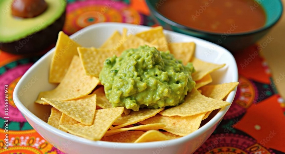 A bowl of guacamole with tortilla chips and salsa A bowl of guacamole with tortilla chips and salsa